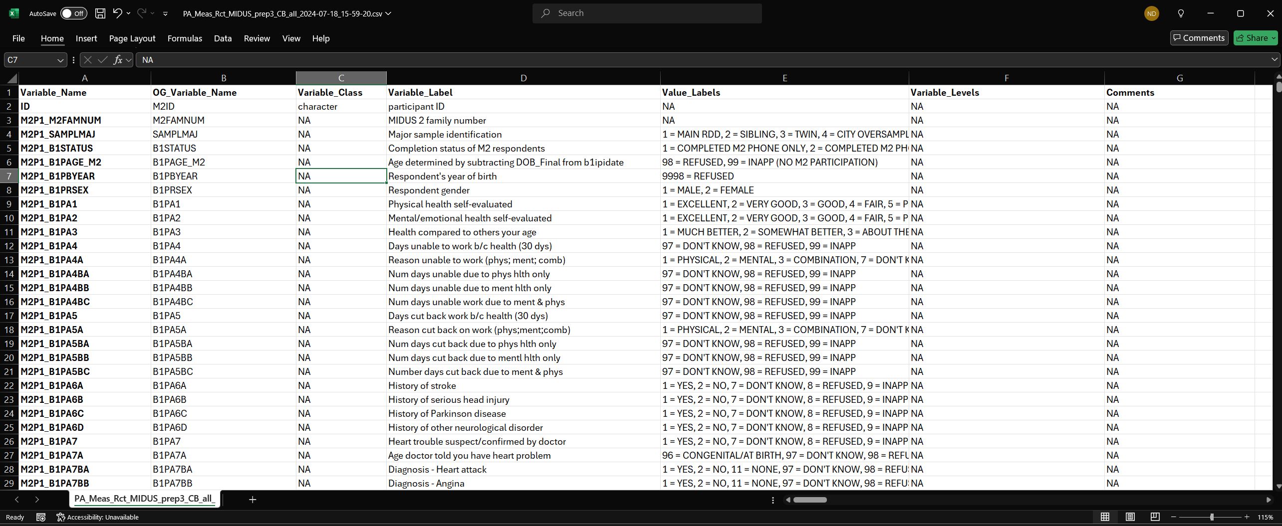 Screenshot of MIDUS Codebook CSV File